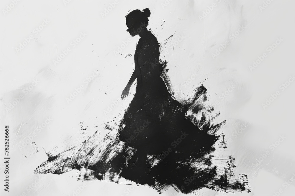 The stark black silhouette emphasizes a sense of solitude amidst the chaotic brush strokes and abstract forms The stark black silhouette emphasizes a sense of solitude amidst the chaotic brush strokes and abstract forms