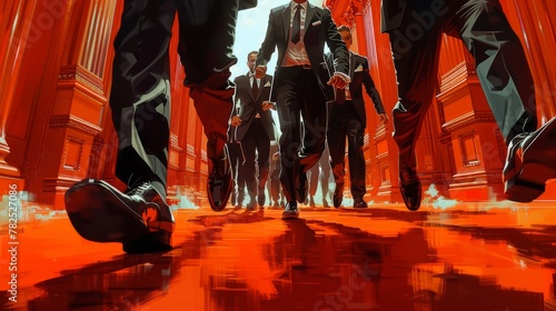 Dynamic Group of Businessmen Marching on Red Background