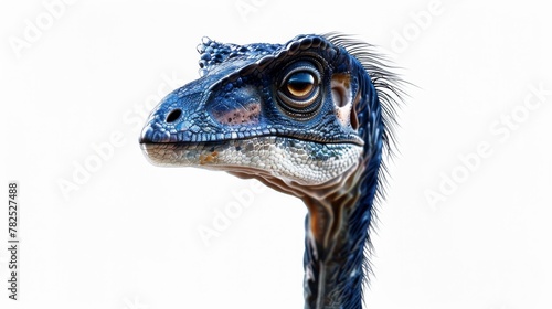 This close-up showcases the intricate textures and realistic features of a feathered blue dinosaur head with striking eyes