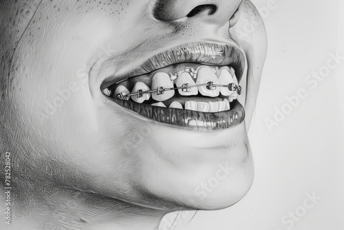 Close-up view of a pencil-drawn mouth with braces, the detailed work captures the cheerful spirit exuded by the wide smile photo