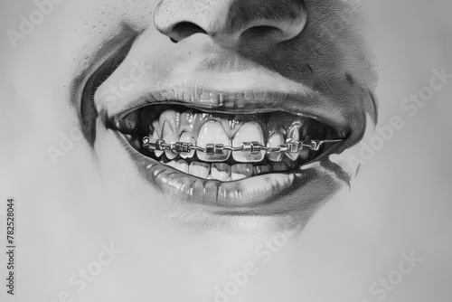 A highly detailed black and white artwork of a smiling mouth with dental braces, showcasing intricate shading and realistic portrayal of teeth photo