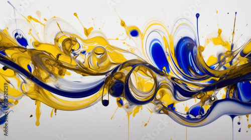 Bold swirls of cobalt blue and golden yellow agnst a pure white background, creating a visually captivating composition.