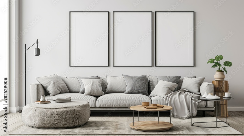 mock up poster frame in modern interior background, living room, Minimalistic style, 3D render mock up poster frame in modern interior background, living room, Minimalistic style, 3D render