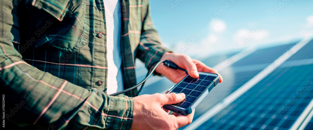 Close-up of hands using a portable solar charger to power a smartphone, set against a backdrop of blue photovoltaic cells. Environmental Protection. Heating and irrigation system. Banner. Copy space