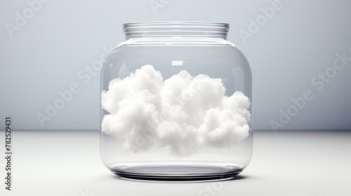 A glass jar with a white cloud inside it on a white surface.