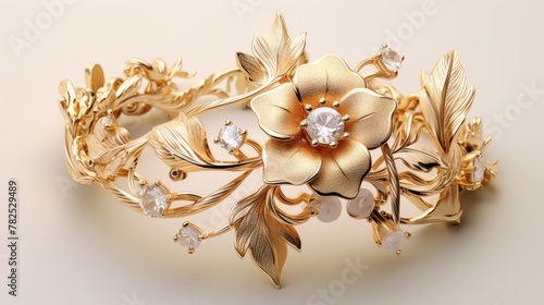 A golden flower bracelet with diamonds and pearls. photo