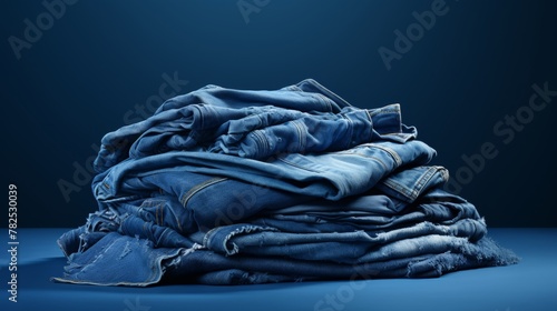 A pile of blue jeans on a blue background. photo