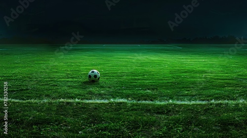 Close up a soccer ball in field grass stadium at night scene. AI generated image