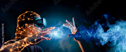 Hands manipulating virtual reality controllers with dynamic blue light connections, illustrating advanced interactive technology. Ai in games and program development. Banner. Copy space