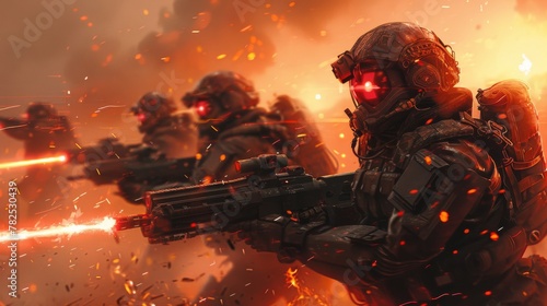 Futuristic Soldiers in Intense Battlefield Explosion