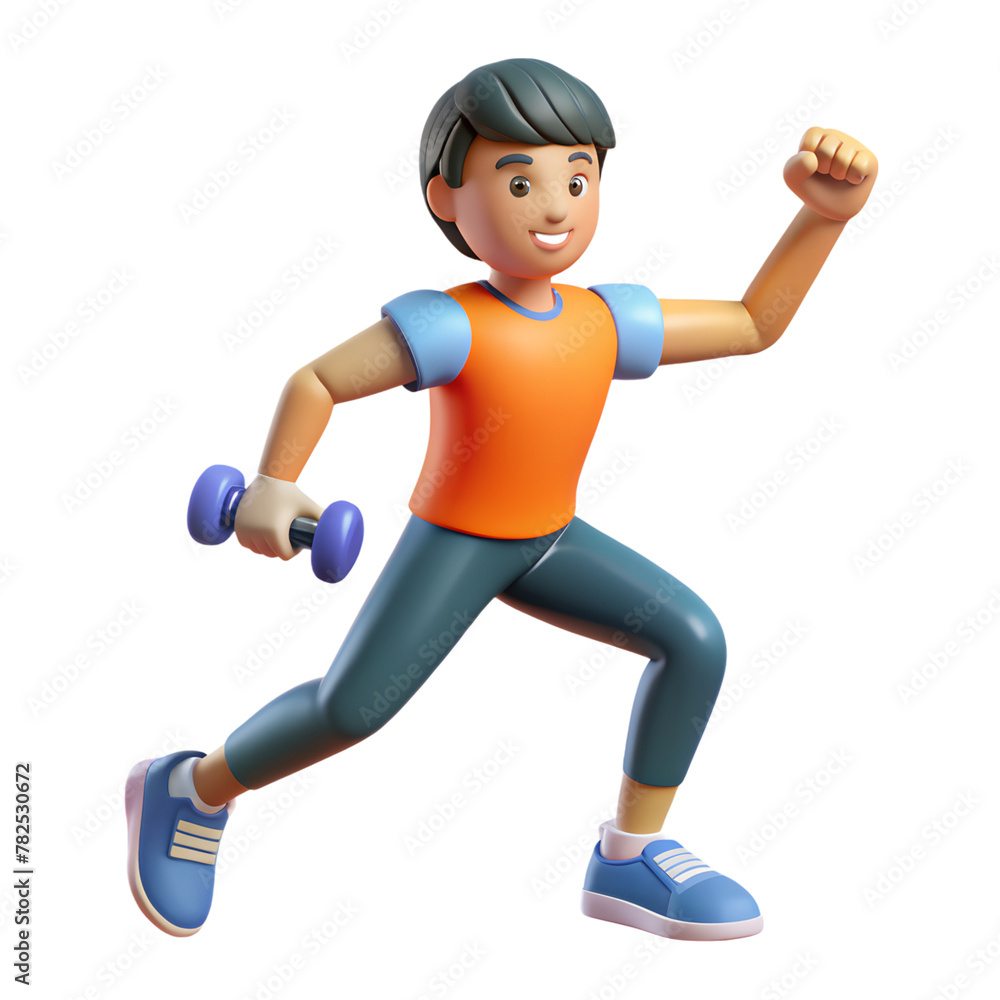 Animated character running with dumbbells on transparent background