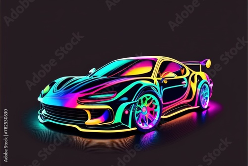 colorful car on a white, grey background. shiny automobile with rainbow colors. 3d illustration made with generative AI technology
