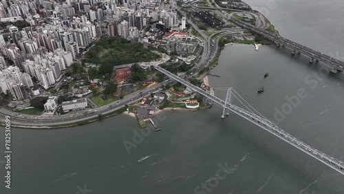 Florianopolis Capital Of Santa Catarina at Brazil. Aerial image taken with a drone of the Hercilio Luz Bridge during sunrise. photo