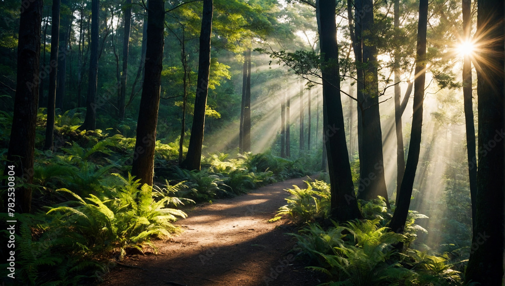 Obraz premium Forest Pathway with Sunlight Rays 