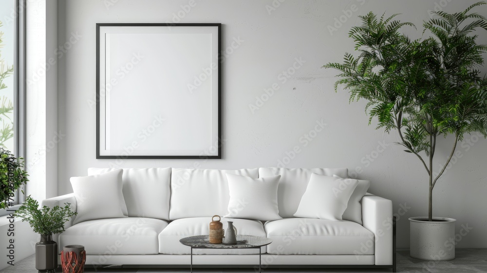 mock up poster frame in modern interior background, living room, Minimalistic style, 3D render mock up poster frame in modern interior background, living room, Minimalistic style, 3D render
