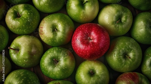 One red apple fruit different than other green apple fruits. AI generated image