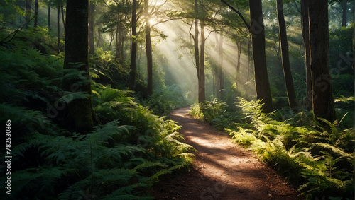 Forest Pathway with Sunlight Rays 
