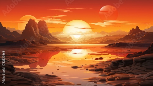 An alien landscape with a red sun, blue water, and rocky terrain