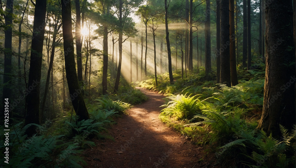Fototapeta premium Forest Pathway with Sunlight Rays