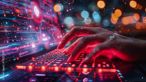 Hands Typing on a Computer Keyboard in Colorful Lights