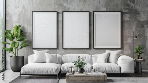 mock up poster frame in modern interior background, living room, Minimalistic style, 3D render