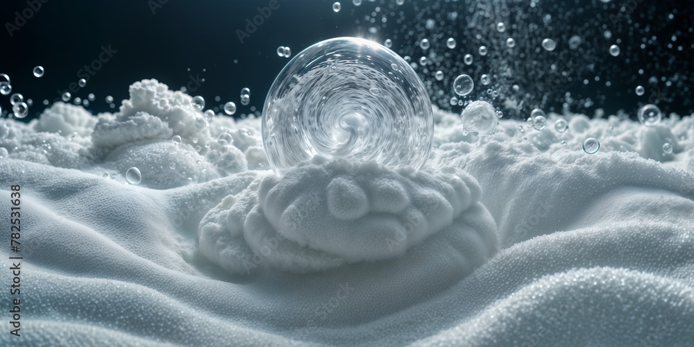 clear sphere, possibly a crystal ball, sits on a pile of white cotton. The sphere is surrounded by bubbles, some of which are large and others are small. The scene is set against a black background. clear sphere, possibly a crystal ball, sits on a pile of white cotton. The sphere is surrounded by bubbles, some of which are large and others are small. The scene is set against a black background.