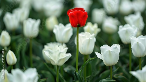 Close up one red tulip flower between many white tulips flowers in a garden. AI generated image