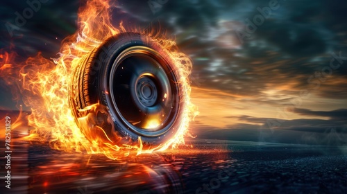 3d illustration car rubber tire on the road with burning flame at night dramatic view. AI generated photo