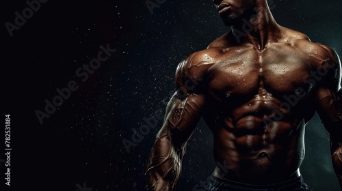 Portrait attractive male torso with muscular body builder on dark background. AI generated image © atapdesain