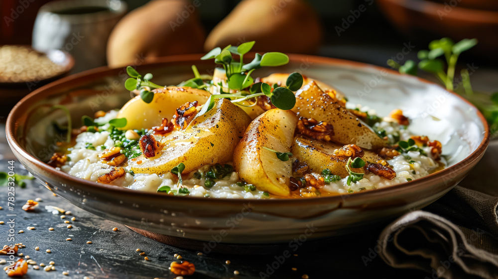 Bowl with oatmeal, nuts and baked pear. Food looks healthy and appetizing Bowl with oatmeal, nuts and baked pear. Food looks healthy and appetizing
