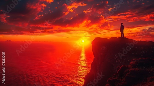 Man Standing on Cliff Overlooking Sunset Over Ocean