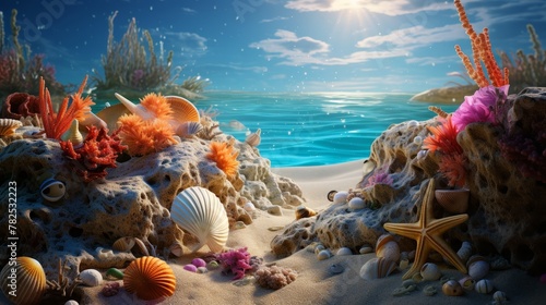 Underwater seascape with bright corals and seashells