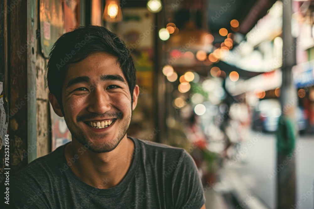 Portrait of a handsome Asian man smiling at the camera in a restaurant. Portrait of a handsome Asian man smiling at the camera in a restaurant.