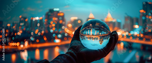 In a vibrant urban street, a gloved hand presents a crystal ball that captures and inverses the colorful city life, offering a mesmerizing environment around it. Banner. Copy space