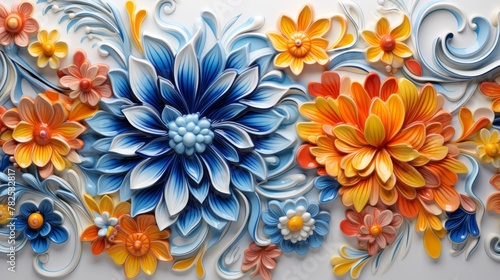 A bas-relief of colorful flowers including orange, blue, and white.