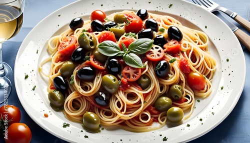 Delicious pasta spaghetti with tomato sauce garnished with a fresh basil leaf, cut out, best selling, food stock imahes, stock photos photo