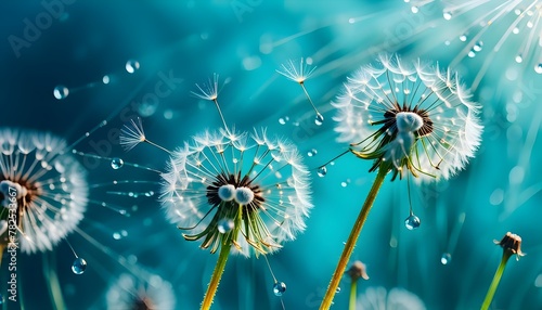 Dandelion Seeds in droplets of water on blue and turquoise beautiful background with soft focus in nature macro. Drops of dew sparkle on dandelion in rays of light  stock images