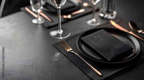 fine dining table setting of luxury fancy restaurant menu invitation card with empty black copy space