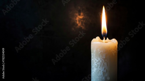 lit white candle on black background giving light