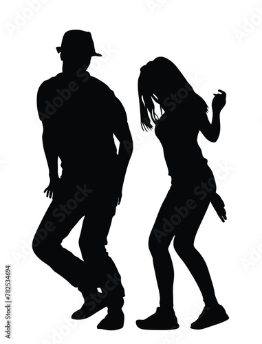 Party dancer couple in love silhouette, urban boy and girl vector illustration isolated. Happy attractive man woman dancing. Handsome couple dance party animators. Summer beach music vibe chill out.