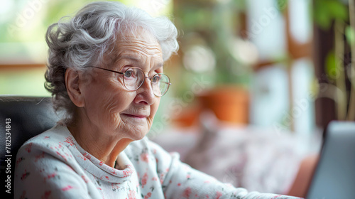An elderly woman with curly white hair and glasses looking pensive while sitting comfortably inside her home, with a soft focus background suggesting a cozy ambiance - Generative AI