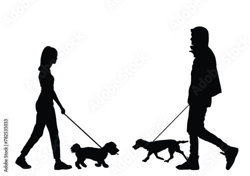 Urban couple in love walking dogs on the leash vector silhouette illustration isolated on white background. Owner handsome girl and boy with cute puppy pets. Woman and man enjoy outdoor after work. 
