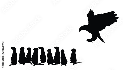 Meerkats family in guard position vector silhouette illustration isolated. Meerkats watch the sky in fear of eagles attack. Protection and caution team work watch. Suddenly ambush eagle catch prey.