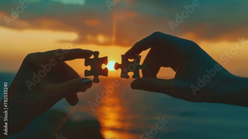Closeup silhouette hands holding two pieces of puzzle at sunset sky background. AI generated © atapdesain