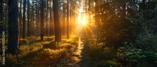 Golden hour in a forest  sunbeams piercing through the dense foliage. Themes of nature and mindfulness.