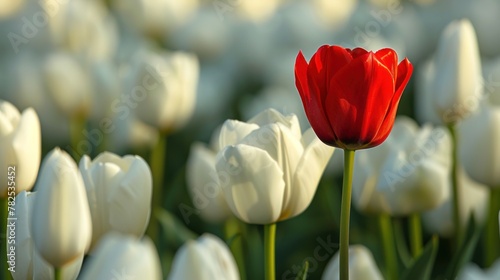 Close up one red tulip flower between many white tulips flowers in a garden. AI generated image © atapdesain