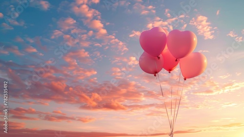 Group of pink balloons with heart shape at sunset sky background. AI generated image