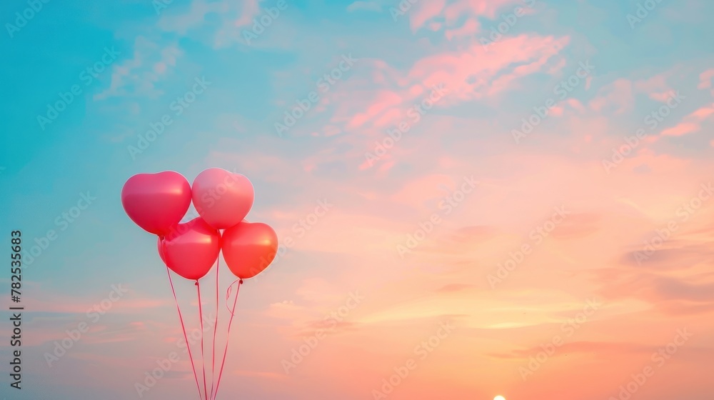 Group of pink balloons with heart shape at sunset sky background. AI generated image