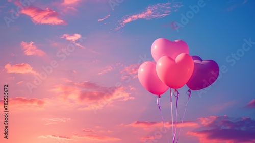 Group of pink balloons with heart shape at sunset sky background. AI generated image