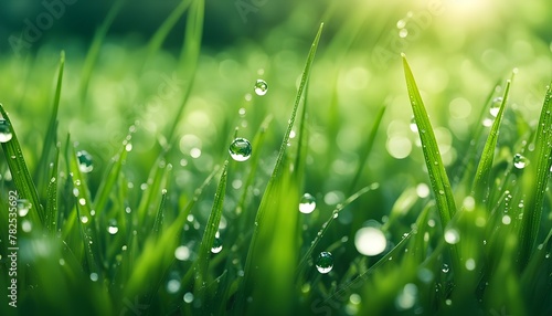 Juicy lush green grass on meadow with drops of water dew in morning light in spring summer outdoors close-up macro  panorama. Beautiful artistic image of purity and freshness of nature  copy space